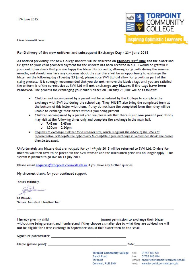 Uniform Exchange Day Letter « Torpoint Community College